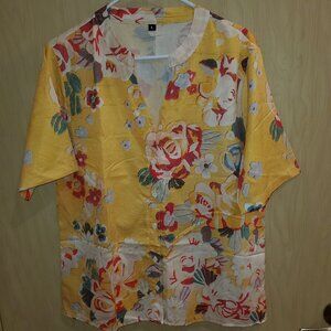 Yellow & Coral Floral Print Button Top